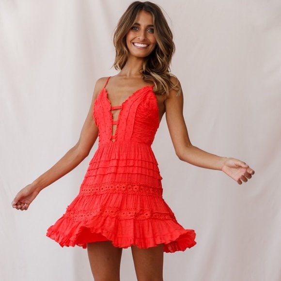 Selfie Leslie Dresses & Skirts - Riley Deep V-Neckline Ruffle Detail Dress Red
